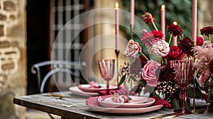 Festive table setting with cutlery, candles and beautiful red flowers in vase