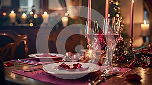 Festive table setting with cutlery, candles and beautiful red flowers in vase