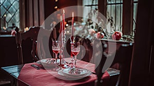 Festive table setting with cutlery, candles and beautiful red flowers in vase