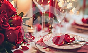 Festive table setting with cutlery, candles and beautiful red flowers in vase