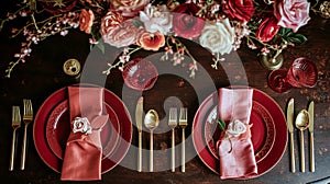 Festive table setting with cutlery, candles and beautiful red flowers in vase