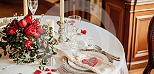 Festive table setting with cutlery, candles and beautiful red flowers in vase