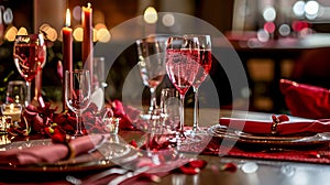 Festive table setting with cutlery, candles and beautiful red flowers in vase