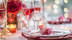 Festive table setting with cutlery, candles and beautiful red flowers in vase