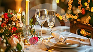 Festive table setting with cutlery, candles and beautiful red flowers in vase