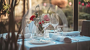 Festive table setting with cutlery, candles and beautiful red flowers in vase