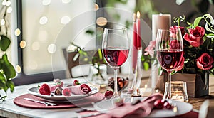 Festive table setting with cutlery, candles and beautiful red flowers in vase