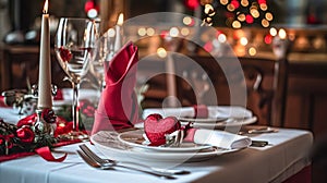 Festive table setting with cutlery, candles and beautiful red flowers in vase