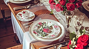 Festive table setting with cutlery, candles and beautiful red flowers in vase