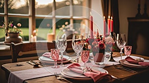 Festive table setting with cutlery, candles and beautiful red flowers in vase