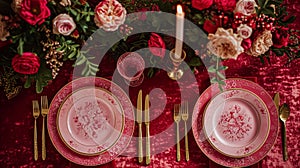 Festive table setting with cutlery, candles and beautiful red flowers in vase