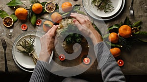 Festive table setting with flower arrangement.