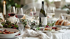 Festive table setting, red wine glasses on white table cloth