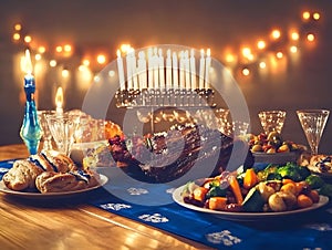 A festive table setting with a variety of dishes, candles, and decorative lights for celebration