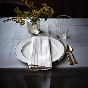 Festive table setting with white classic plate, cutlery set and fresh eucalyptus leaves on dark stone table and napkin. Top view