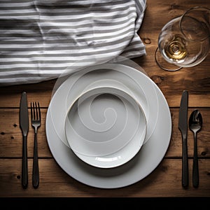 Festive table setting with white classic plate, cutlery set and fresh eucalyptus leaves on dark stone table and napkin. Top view