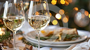 Festive table setting with white wine glasses and foods