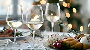 Festive table setting, white wine glasses on white table cloth photo