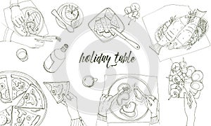 Festive tableful, laid table, holidays hand drawn contour illustration, top view. Background with place for text. photo