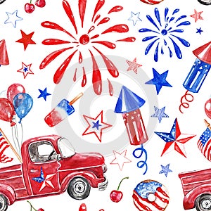 Festive 4th of July Independence day seamless pattern with watercolor patriotic truck, red, white and blue balloons, fireworks