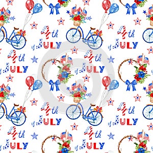 Watercolor 4th of july seamless pattern with red, white and blue symbols of american nation`s holiday