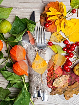 festive thanksgiving autumn cutlery setting and arrangement of colorful fall leaves, red berries