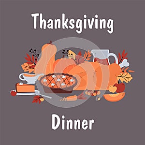 Festive Thanksgiving dinner card template cartoon vector illustration.