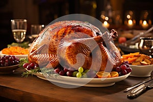 Festive Thanksgiving dinner with a roasted turkey, grapes, and vegetables, AI-generated.