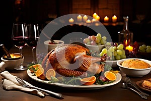 Festive Thanksgiving dinner with a roasted turkey, grapes, and vegetables, AI-generated.