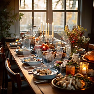 Festive Thanksgiving Dinner Table with Family-Style Seating