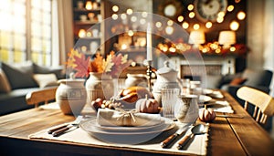 Festive Thanksgiving Dinner Table Setting with Autumn Decor, AI Generated