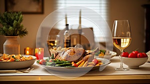 a festive Thanksgiving dinner table setting with a roasted turkey