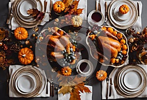 Festive Thanksgiving dinner table with a white tablecloth