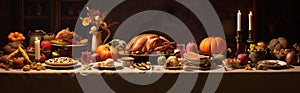 Festive Thanksgiving dinner with turkey on a dark background. Generative AI.