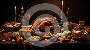 Festive Thanksgiving dinner with turkey on a dark background. Generative AI.