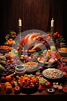 Festive Thanksgiving dinner with turkey on a dark background. Generative AI.