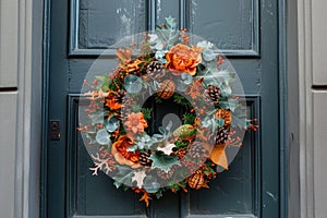 A festive Thanksgiving wreath hanging on a front door