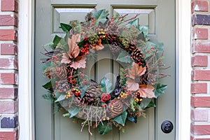 A festive Thanksgiving wreath hanging on a front door