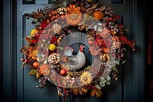 Festive Thanksgiving wreath with leaves and pumpkins on a door, generative AI