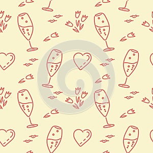 Festive theme, seamless background. Champagne glasses, hearts, flowers. Pattern for fabric, wrapping paper