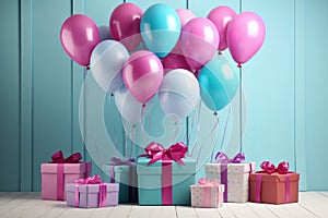 Festive themed background for children's birthday, baby shower or gender party. Gifts and colorful balloons