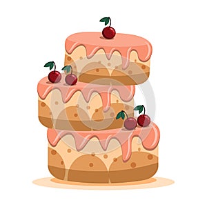 Festive three-layer cake with berries and cream. Illustration, clip art vector