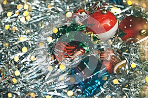 Festive tinsel, balls and baubles