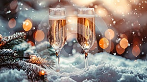 Festive Toast: Christmas Celebration with Champagne Flutes, Snowy Fir Branch, and Bokeh