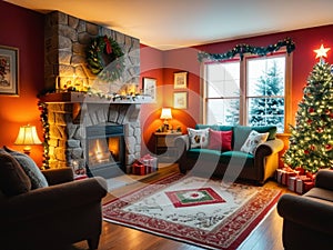 Festive Tranquility A Cozy Christmas Room Filled with Warmth.AI Generated