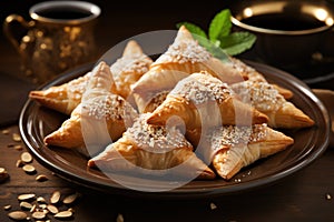 festive treats for Purim, such as triangular pastries filled with sweet
