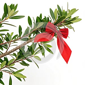 Festive tree limb adorned with a bow isolated on white background photo