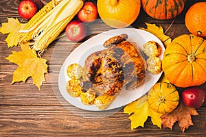 Festive turkey or chicken baked by Thanksgiving on white plate and a harvest of seasonal vegetables: pumpkin corn apples