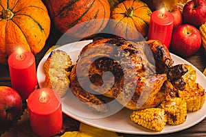 Festive turkey or chicken baked by Thanksgiving on white plate and a harvest of seasonal vegetables: pumpkin corn apples