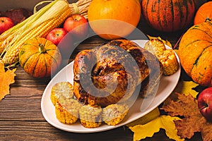Festive turkey or chicken baked by Thanksgiving a white plate and a harvest of seasonal vegetables: pumpkin corn apples